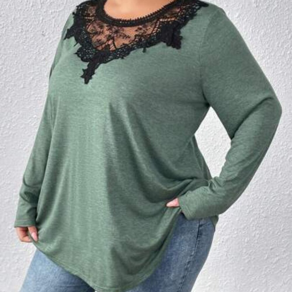 Shein curve green longsleeve black lace shirt 2x